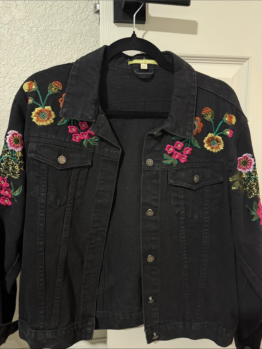Giani Bini Embroidered Floral Black Denim Jacket